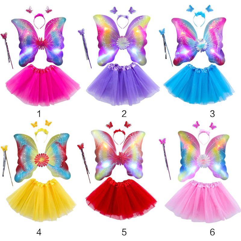 

Skirts 4Pcs Girls LED Fairy Costume Set Tulle Tutu Skirt Double Layer Butterfly Wings Wand Headband Princess Performance Stage, Blue
