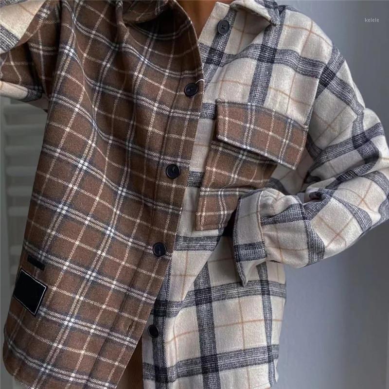 

Women's Jackets Merodi Chic Lady Fashion Patchwork Plaid Print Long Shirt Autumn Winter Womens Front Pocket Woolen Loose Outwear, Black;brown