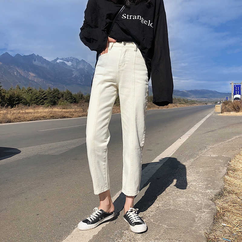 

Arrival Spring Women High Waist White Jeans All-matched Casual Denim Harem Pants Female Loose Straight Jeans Pants S327 210608