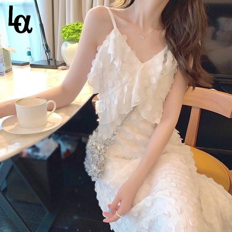 

Elegant White Strap Dress Women Kawaii French Style Backless Sexy Midi Temperament Party Eveving Summer 210519