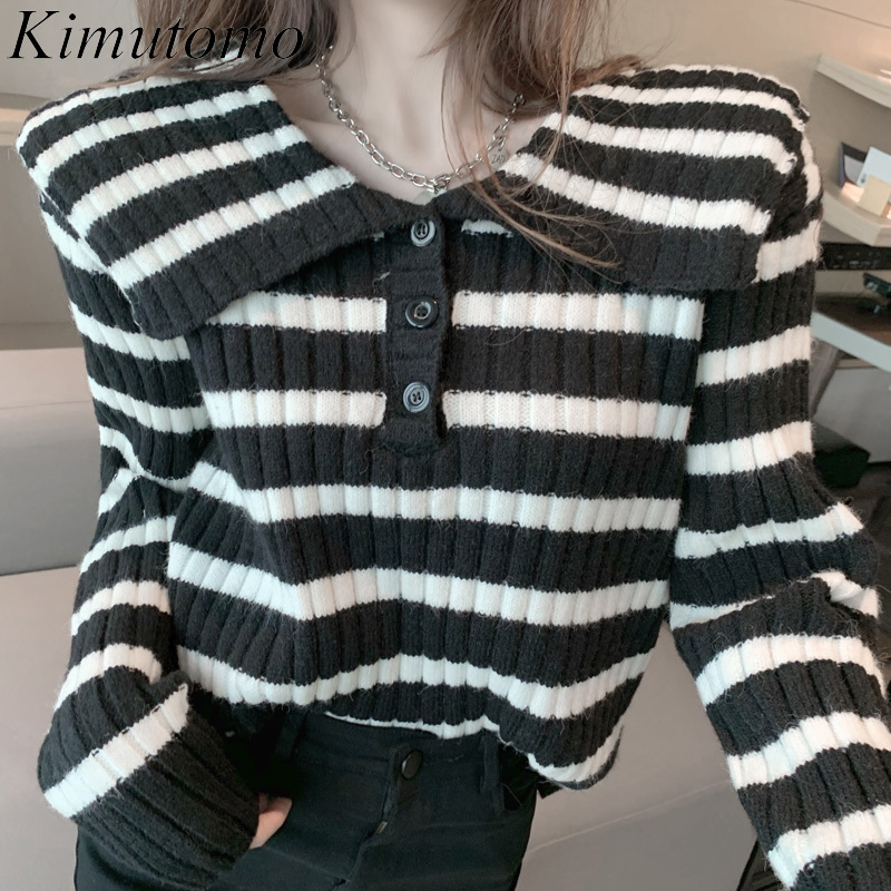 

Kimutomo Casual Striped Knitted Sweater Women Turn-down Collar Buttons Warm Long Sleeve Pullovers Outwear Spring 210521, White
