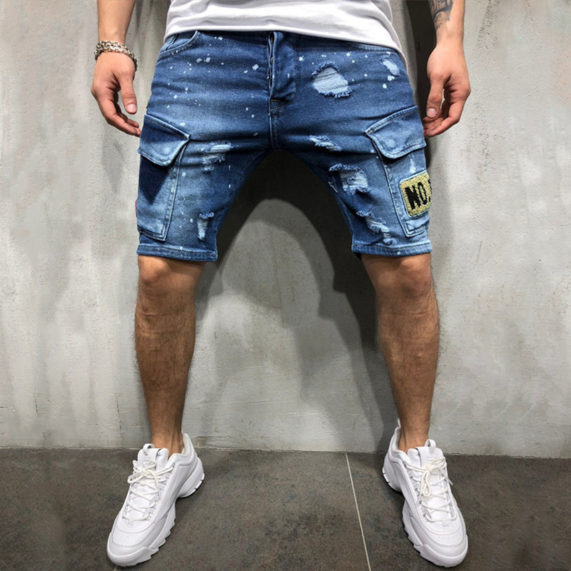 

New men's small leg jeans with hole sticking cloth, Blue