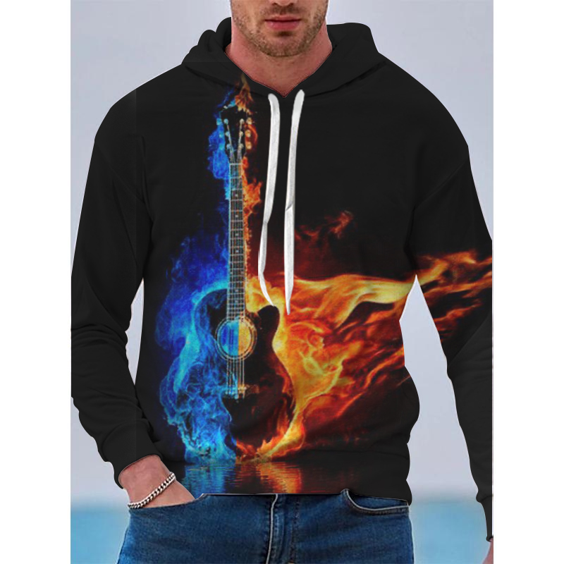 

Guitar Flame Pattern Men s 3D Printed Hoodie Visual Impact Party Top Punk Gothic Round Neck High Quality American Sweatshirt Hoodie, Black