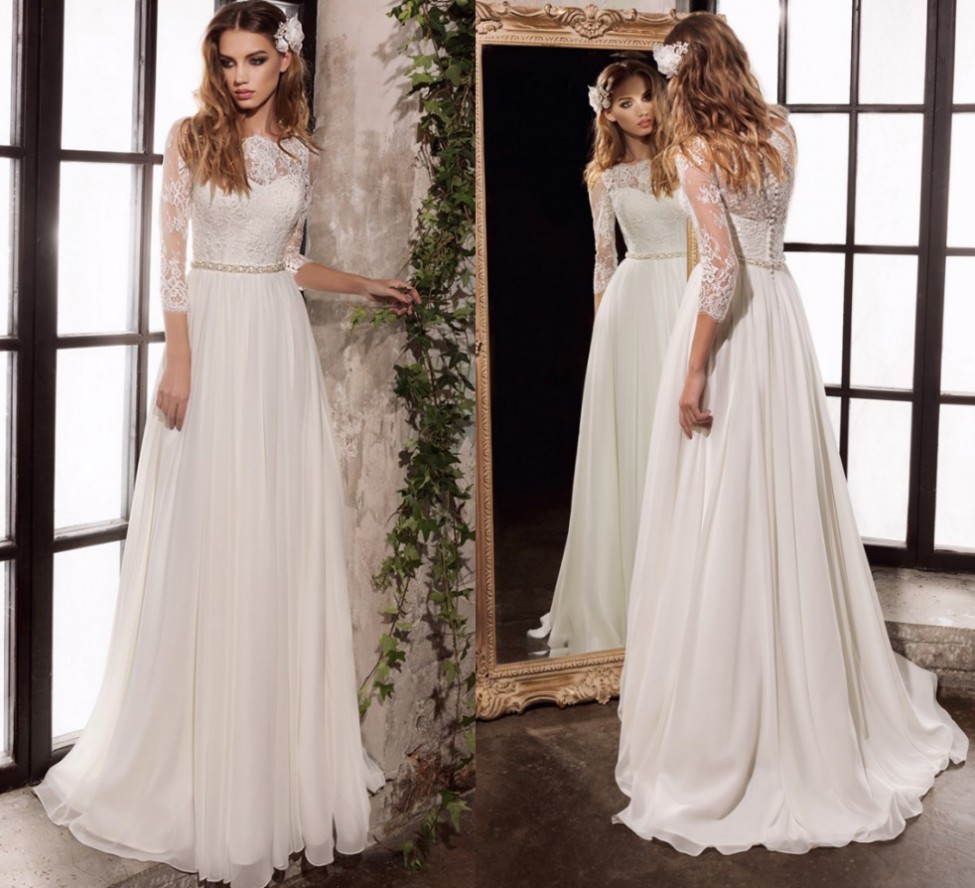 

Elegant Wedding Dresses 2021 Three Quarter Sleeves Bridal Gowns with Beading Sashes Top Lace Chiffon Vestido De Noiva, White