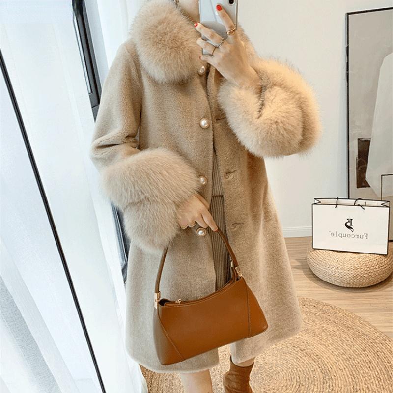 

Women's Fur & Faux 2021 Women Winter Jacket Real Granule Sheep Shearing Coat Natural Collar Streetwear Thick Warm Outerwear Casual, Black