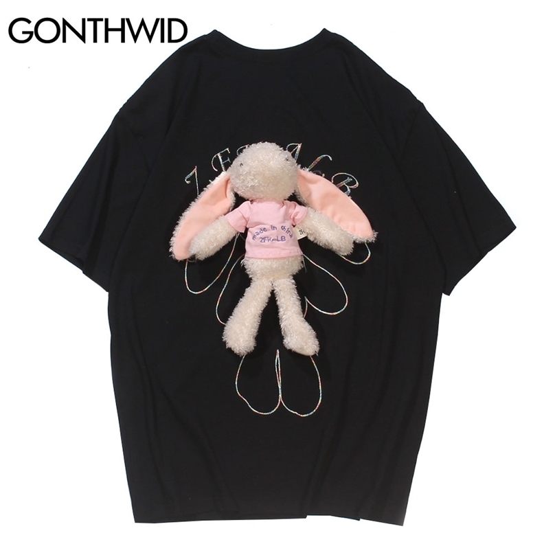 

T-Shirts Hip Hop Casual Streetwear Embroidery Hung Toy Rabbit Short Sleeve Tees Cotton Loose Summer Men Harajuku Tops 210602, Black