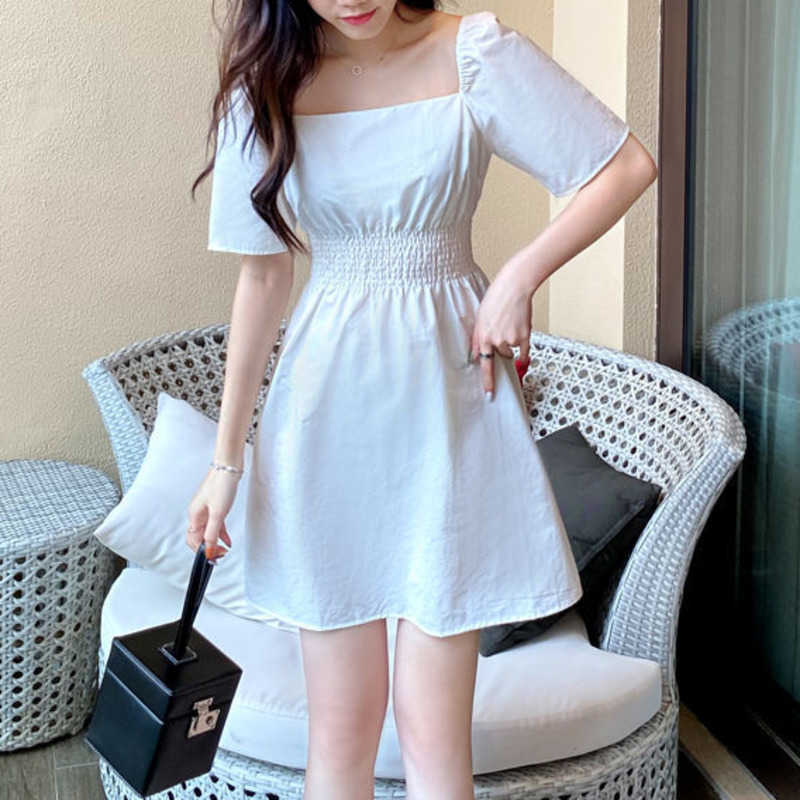 

WOMENGAGA Women' Mini Fold Dress Summer Tops Dresses Solid Color Square Collar White Short Sleeve 6CY1 210603, Black