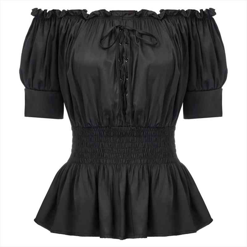 

women lolita blouse medieval 1 2 sleeve off shoulder straight neck smocked waist shirt summer club party steampunk shirts, White