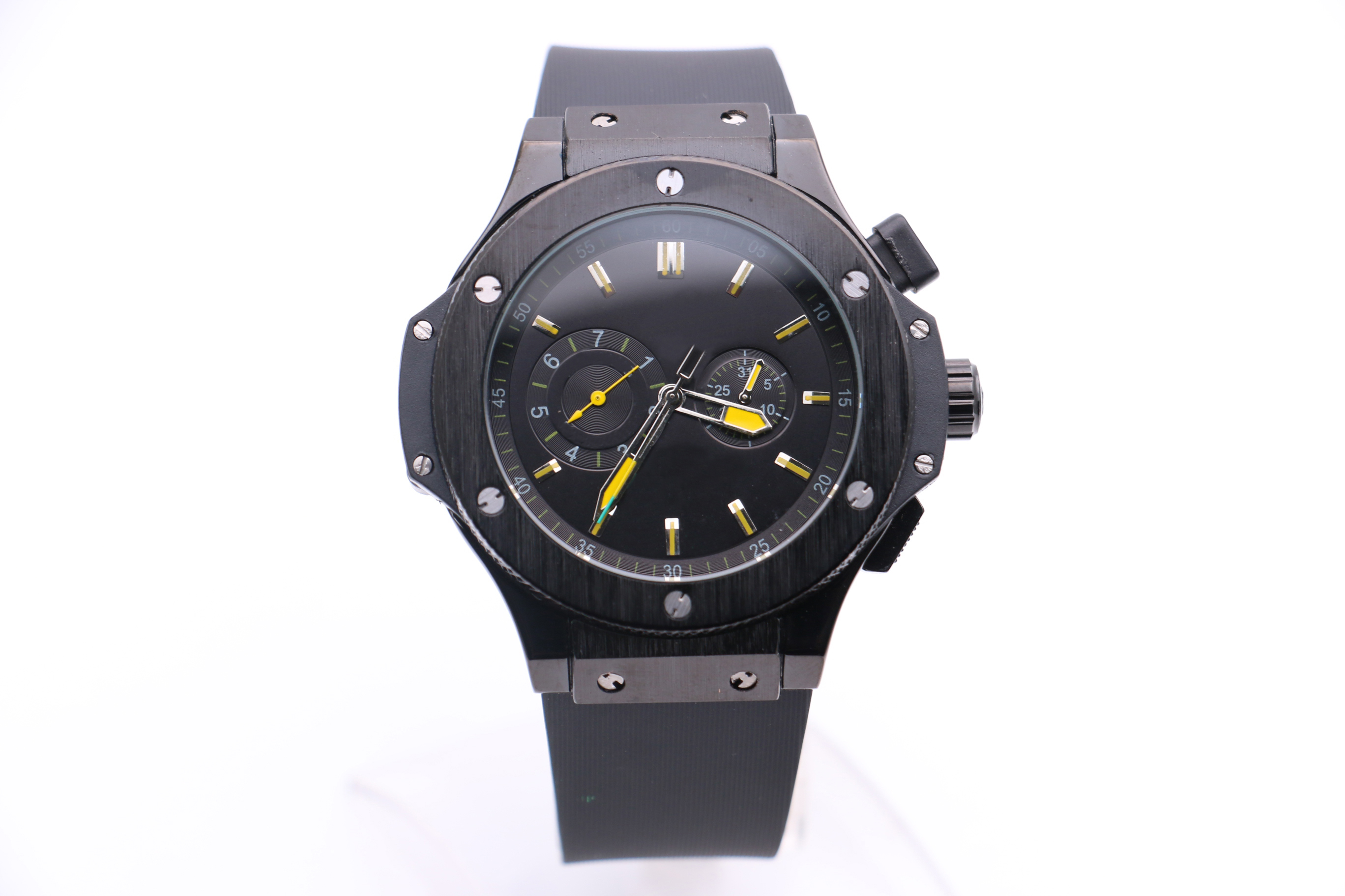 

Men's Mechanical Watch NX Modern Fashion Business Black Stainless Steel Case Rubber Strap Dial Yellow Five-pin Multifunction Calendar, Multi-color