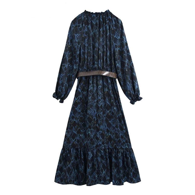 

Casual Dresses High Quality Women Chic Fashion With Belt Printed Ruffled Midi Dress Vintage Tied V Neck Long Sleeve Female Vestidos