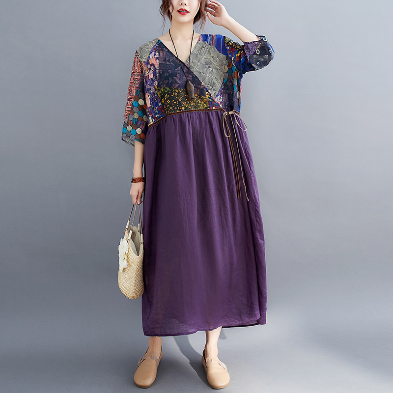 

Johnature Women Vintage Autumn Dresses Patchwork Color V-Neck Half Sleeve Cotton Linen Clothes Female Bandage Dresses 210521, Purple
