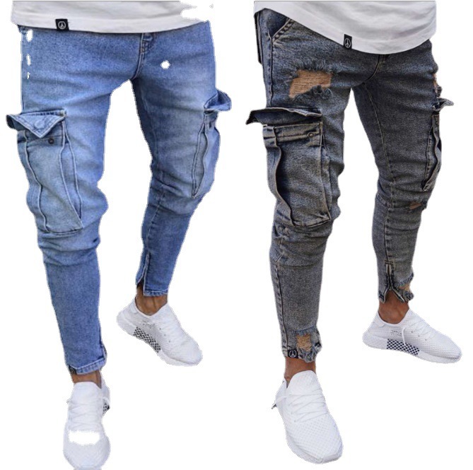 

fashion jeans 2021 knee large pocket small foot zipper men, Blue