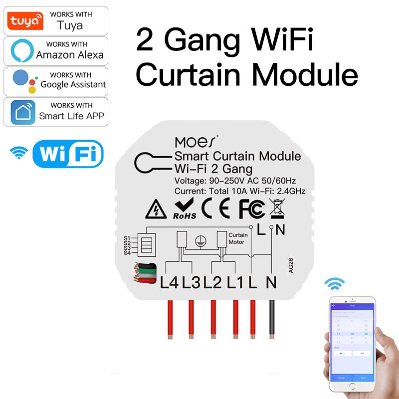 

Smart Home Control Moes Tuya WiFi 2-way Curtain Switch Module DIY Roller Shutter Blinds On-off Voice Work With Alexa Google 10A