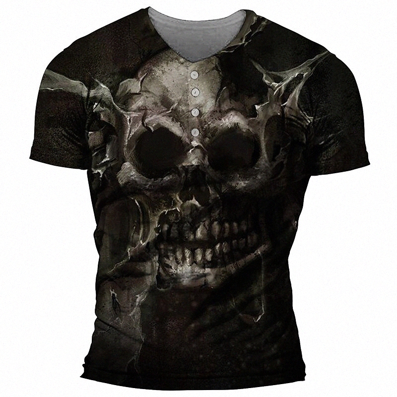 Men's Henley Shirt T shirt 3D Print Graphic Prints Skull Henley Casual Daily Button-Down Print Short Sleeve Tops Basic Fashion Designer Big and