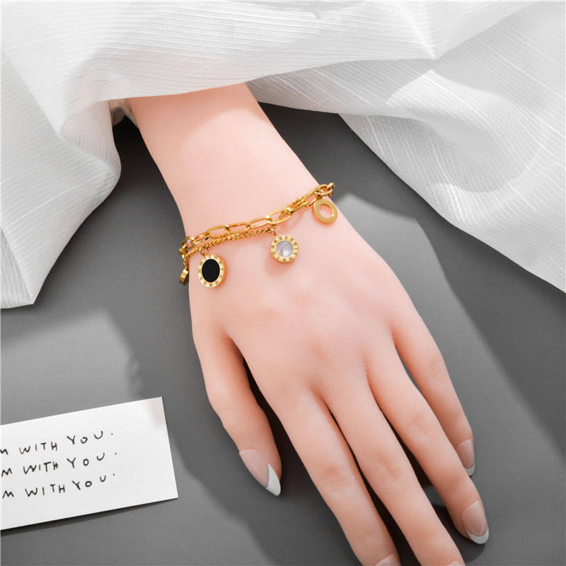 Rose Gold Plated Personalized Double layered Chain Black Enameled Roman Digital Bracelet For Women