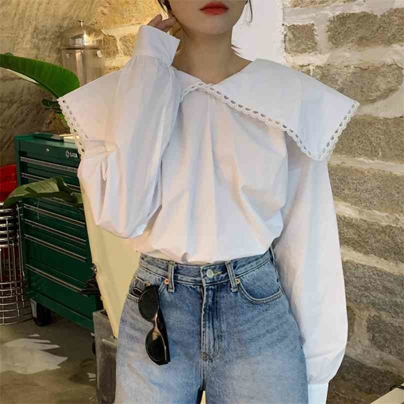 

Retro Gentle Blouses Tops Big Turn-Down Collar Solid Streetwear Office Lady Casual Chic All Match Stylish Shirt 210525, White