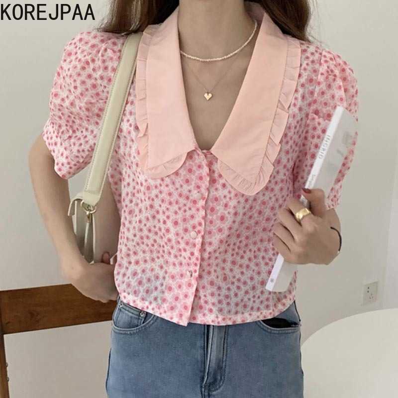 

Korejpaa Women Shirt Summer Korean Chic Girl Gentle Sweet Lotus Leaf Stitching Doll Collar Floral Loose Puff Sleeve Blouses 210526, Blue