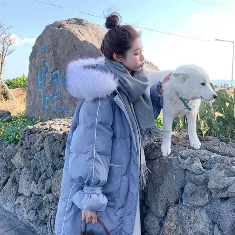 

Winter Style Korean Version Down Jacket Female Long Loose White Coat Wool Collar Fashion Lady Coats 210519, Black