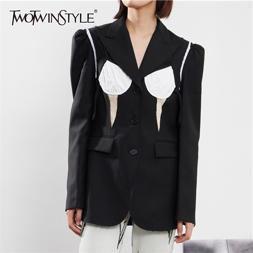 

Casual Patchwork Stripes Blazer For Women Notched Long Sleeve Hit Color Lace Up Bowknot Korean Blazers Female 210524, Aspicture