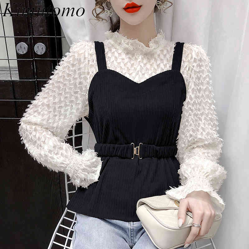 

Kimutomo Casual Fake Two Piece Panelled Blouse Women Spring Lace Patchwork Female Stand Collar Lantern Sleeve Wild Tops 210521, Black