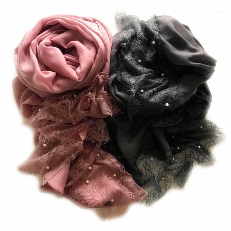 

Scarves 10pcs/lot Luxury Lace Edges Scarf Pearls Design Plain Shawl Cotton Viscose Muslim Hijabs Fashion Beads, Blue;gray