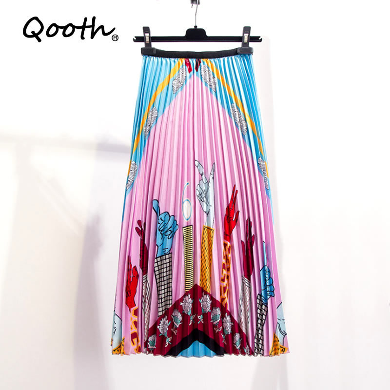 

Qooth Women' Long Skirt Summer Skirts Spring Luxury Carton Print Pleated Skirt High Waist Floral Vestidos Saia QH1744 210518, Pink
