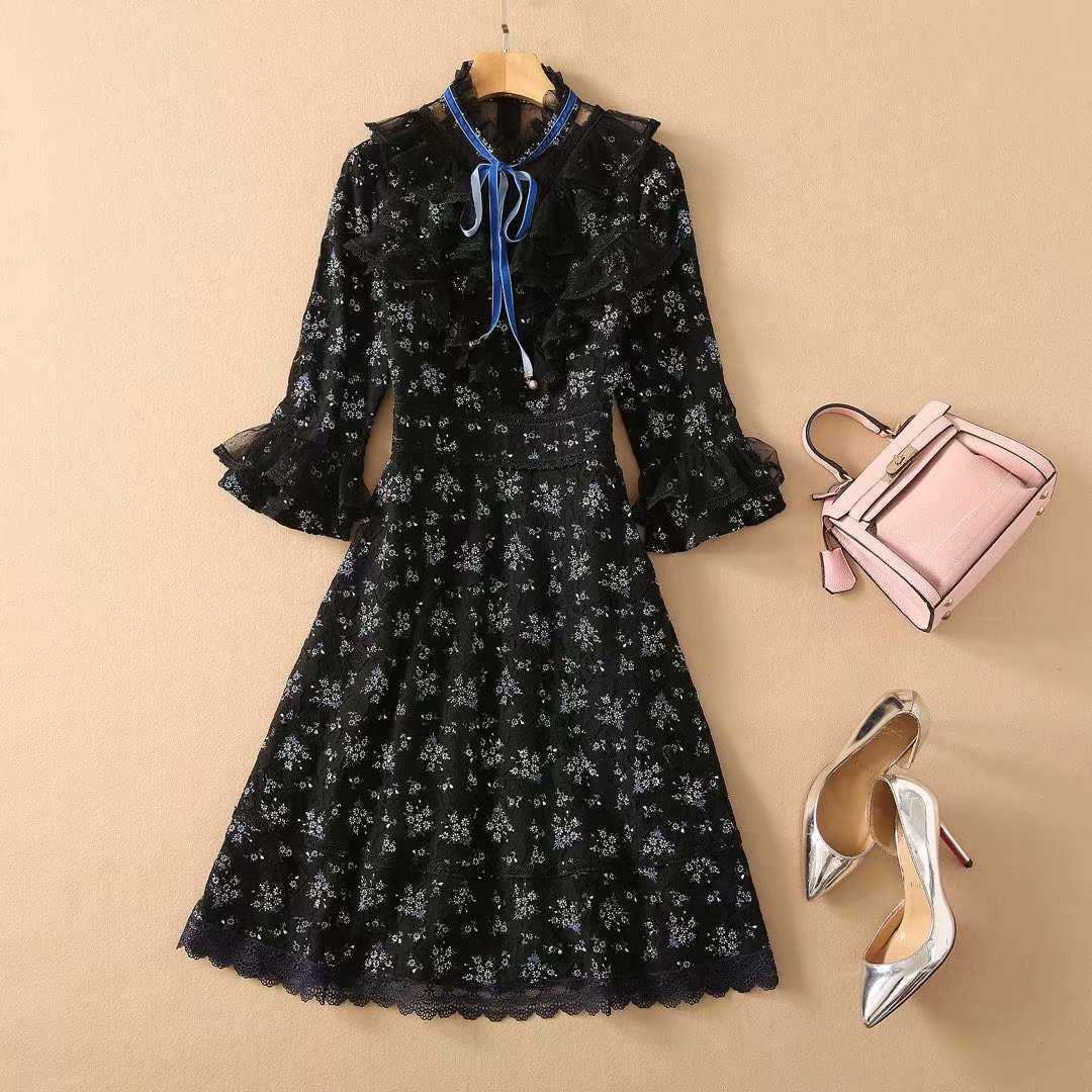 

High QUALITY est Spring Fashion Women's Elegant Half Sleeve Bow Collar Lace Patchwork Jacquard Flowers Dress 210526, Black