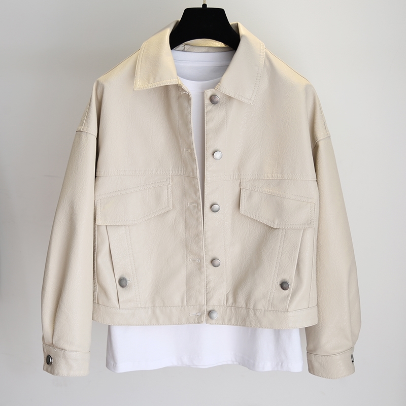 

Women Single-breasted Faux Leather Jacket Spring Autumn Pocket Rivet Biker Ladies Korean Streetwear Oversize Coats 210602, Light grey