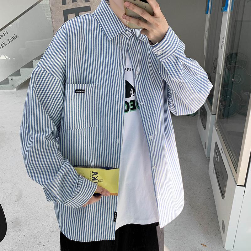 

Men's Casual Shirts 2021 Autumn Hong Kong Style Striped Shirt Korean Loose Pu Handsome Top Japanese Trendy Ins Long Sleeve Men, Gray