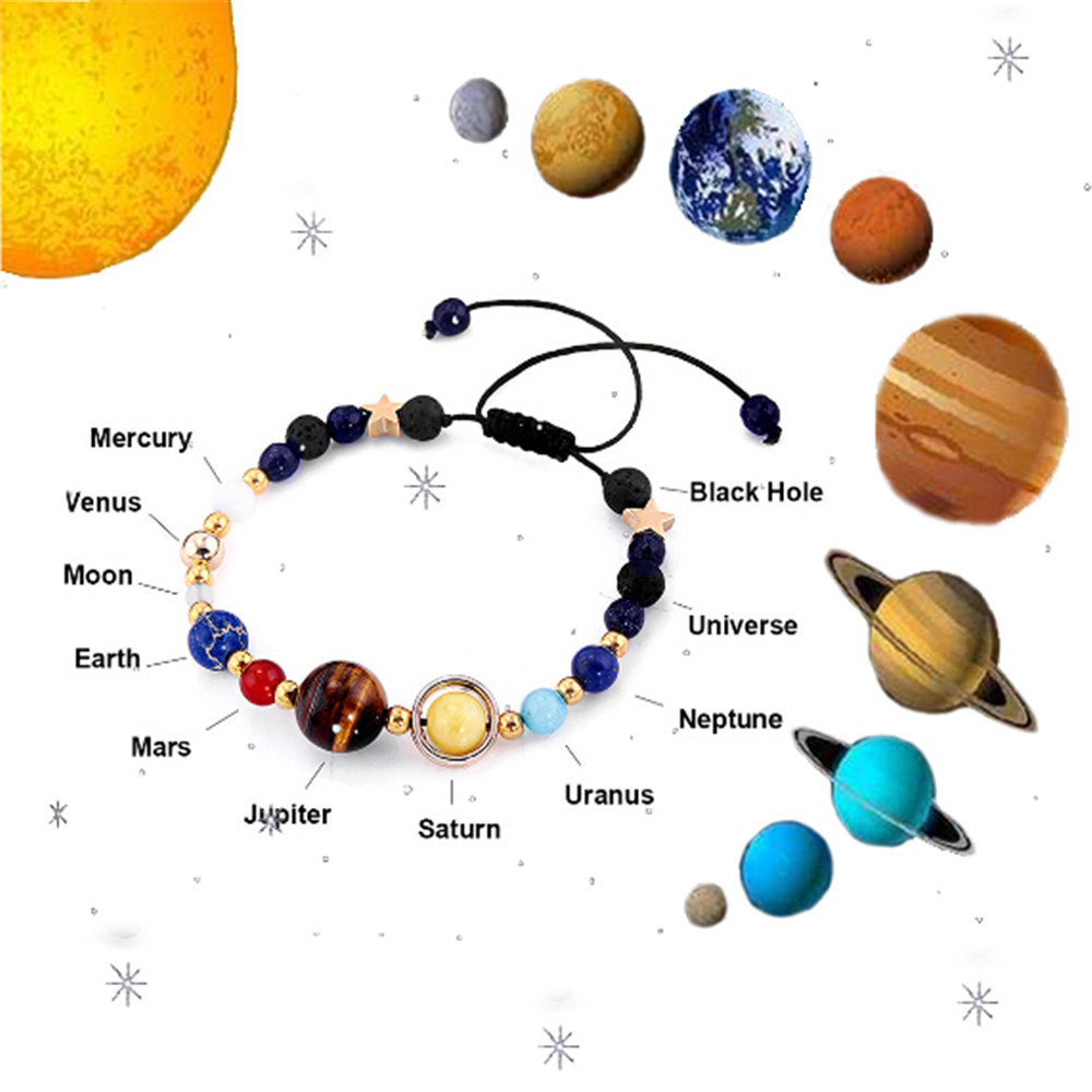 

2020 Universe Galaxy Eight Planets Bracelet Guardian Star Solar System Energy Stone Beads Bracelet 7 Chakra for Xmas Couple Gift, Black