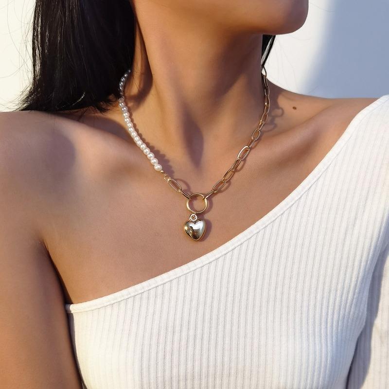 Pendant Necklaces Luxury Heart Linked Chain For Women Gold Color Metal Pearl Asymmetric Chokers Necklace Jewelry-image-704087874