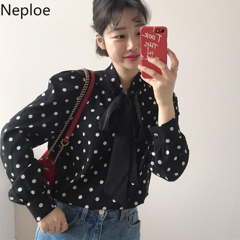 Neploe Women's Shirt Casual Polka Dot Chiffon Top Korean Spring blusas Stand Neck lace up Bowknot Long Sleeve vintage Blouse 210422