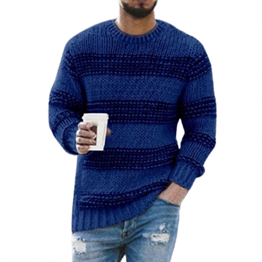 

50%HOTLong Sleeve Men Sweater Striped Print Casual O Neck Stretchy Knitted Pullover Sweater Streetwear, Black