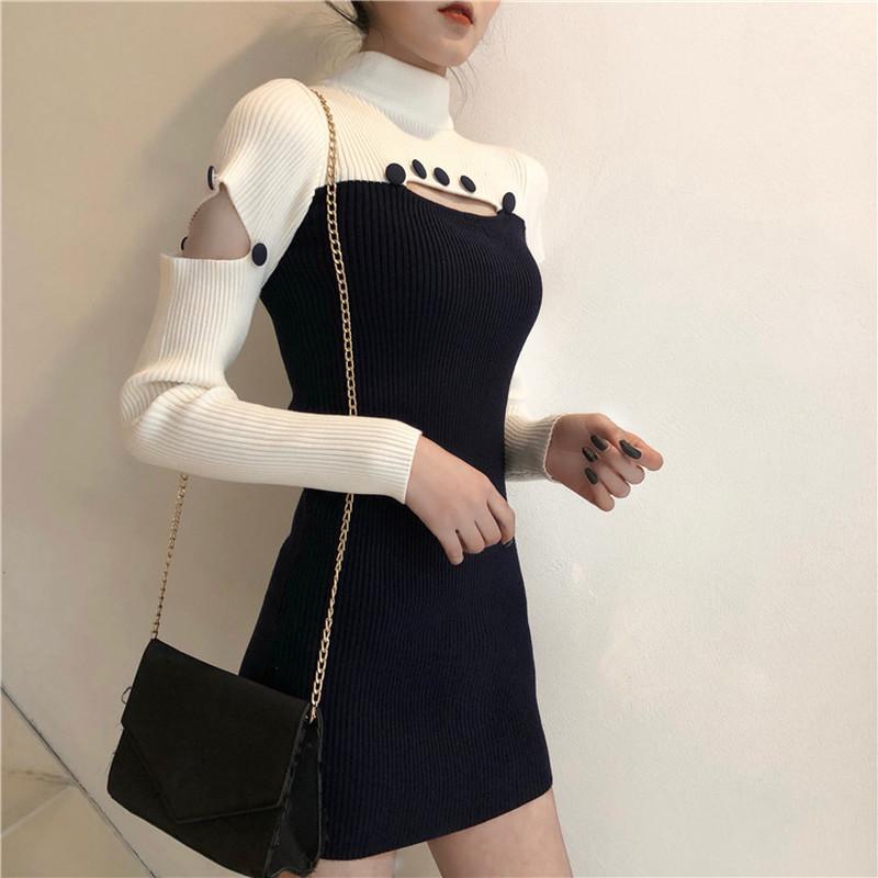 

Casual Dresses Tight Sexy Slim Mini Wrap Hip Turtleneck Knitted Dress Long Sleeve Vestidos Autumn Bottom Hollow Out Sweaters Wild Retro, Black;gray