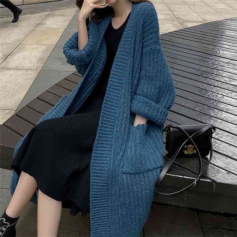 

Fashion Women Winter Thicken Warm Long Open Stitich Loose Solid Cashmere Knitted Sweaters Outerwear Cardigan Top 210519, Dark gray