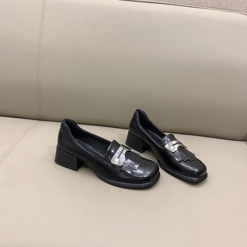 

Dress Shoes Style Tassel Metal Buckle Loafers Square Heels Black Genuine Leather Women's Pumps Slip On Toe Casual Outside, As pic