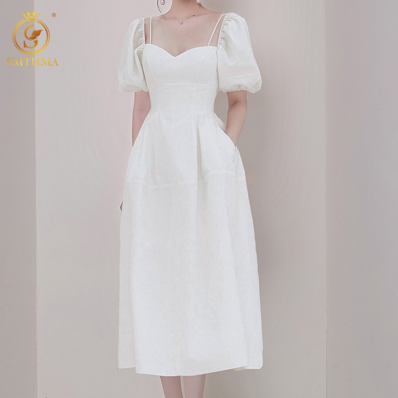 

Fashion Summer Dress Women's Temperament Ladies Puff Sleeve White Slim Long Vestidos 210520, Photo color