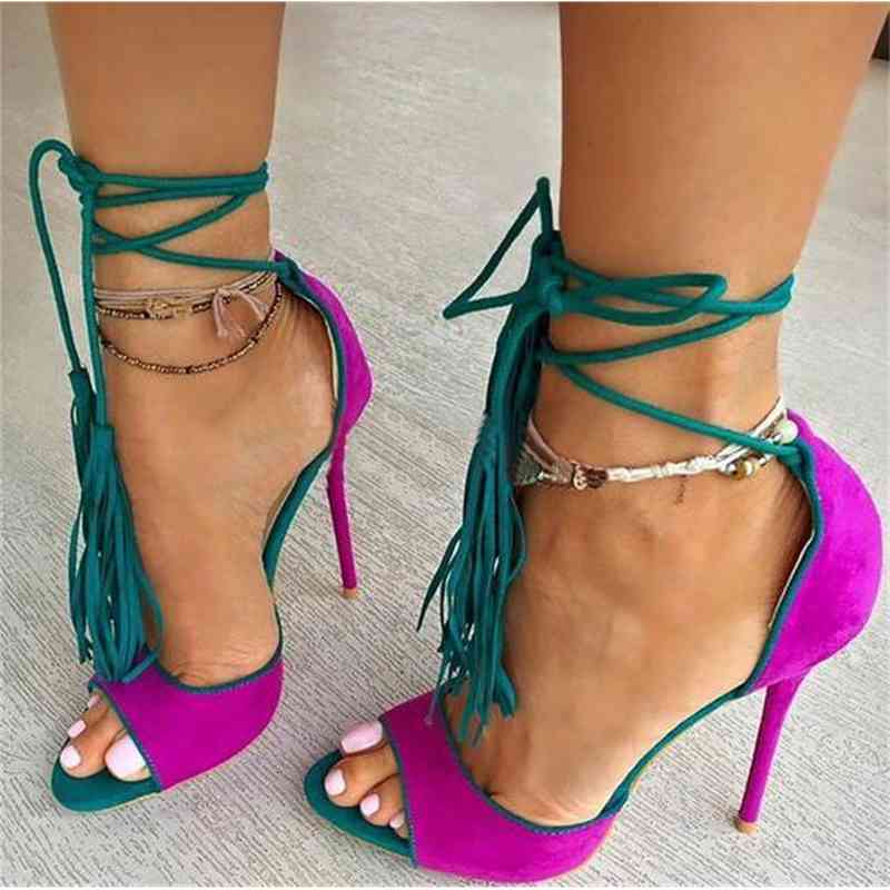 

sandals purple mode leather women peep camuroza toe from ladies high lace heel shoes from celebrity stripes party 0u09, Black