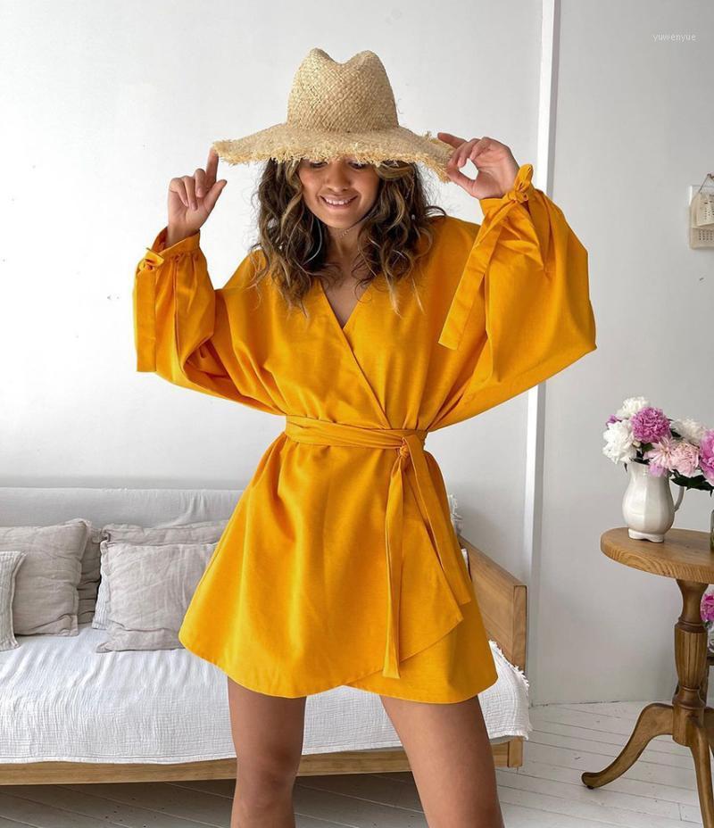 

Casual Dresses Midi Womens 2021 Spring Autumn Fashion V-Neck Long Sleeves Skinny Sexy Bow Tie Waist One Piece Outfits Party Dess