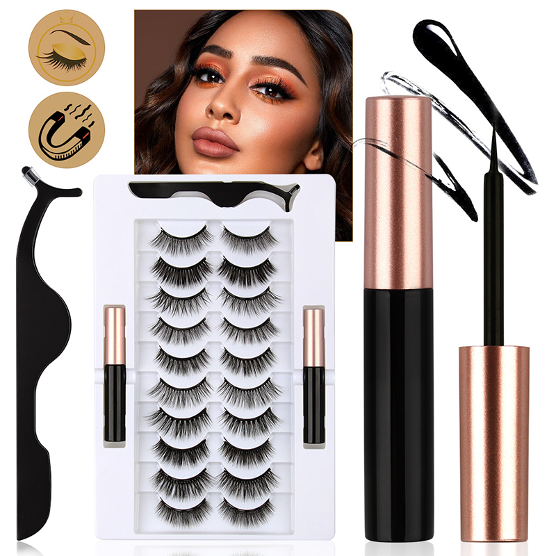 

10 Pairs Magnetic Natural Lashes + Reusable Liquid Liner Set with Tweezer - Glue-Free 3D Makeup Eyelash Kit