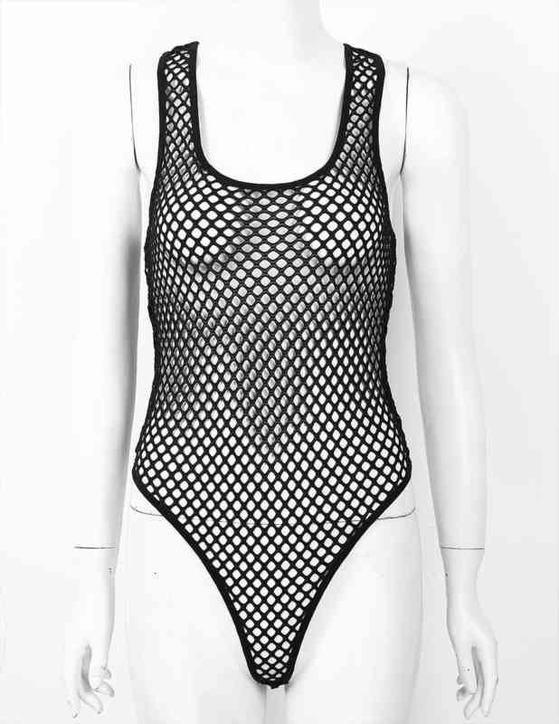 

fashion hollow fishnet bodysuits women jumpsuit u neck sleeveless high cut leotard bodysuit festival rave party clubwear costume, Black;white