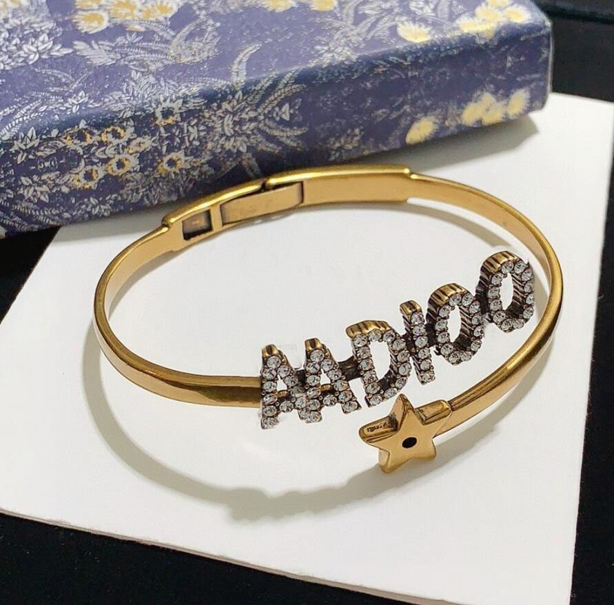 

High Version Five-Pointed Star Brass Letter Bracelet Bangle Internet Celebrity Same Luxury Designer Bracelets For Women Lady Wedding Lovers Gift, Black
