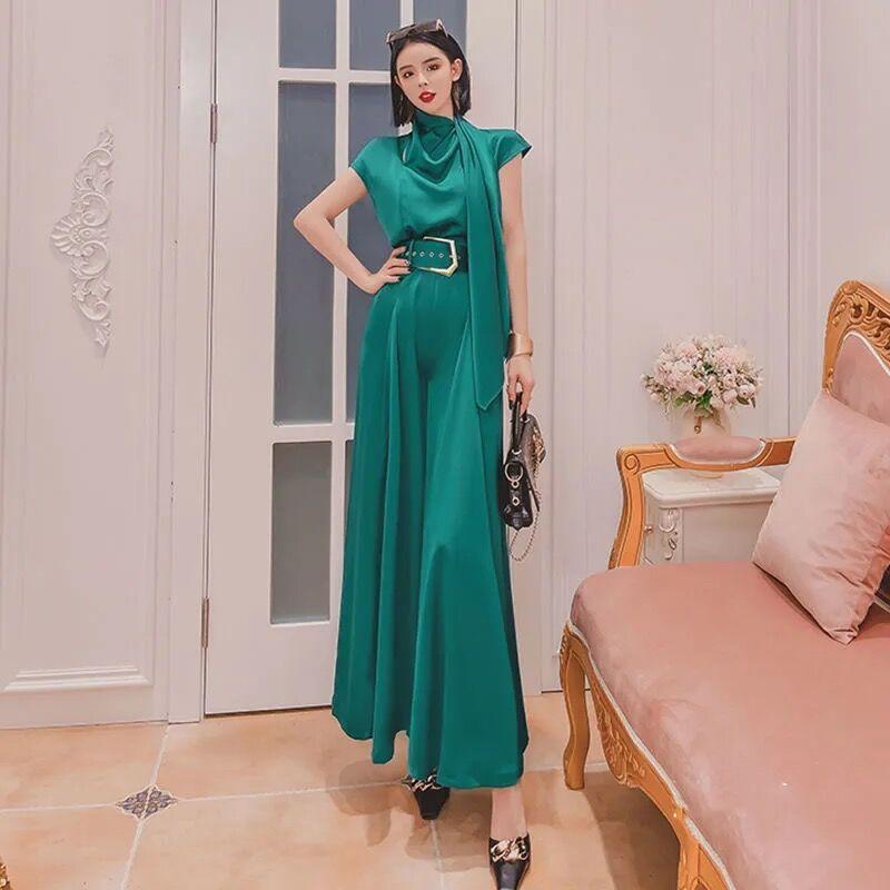 

Women's Two Piece Pants 2pcs Tweed Dress Suit Set Women Lady Office Elegant Work Wear Sleeveless Halter Top Wide Leg, Green