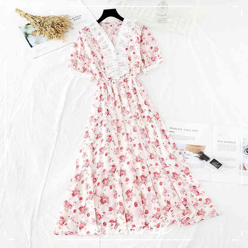 

fashion women floral print midi dress short sleeve buttons ladies elegant v neck vintage dress summer chiffon dresses 210521, Aster blue