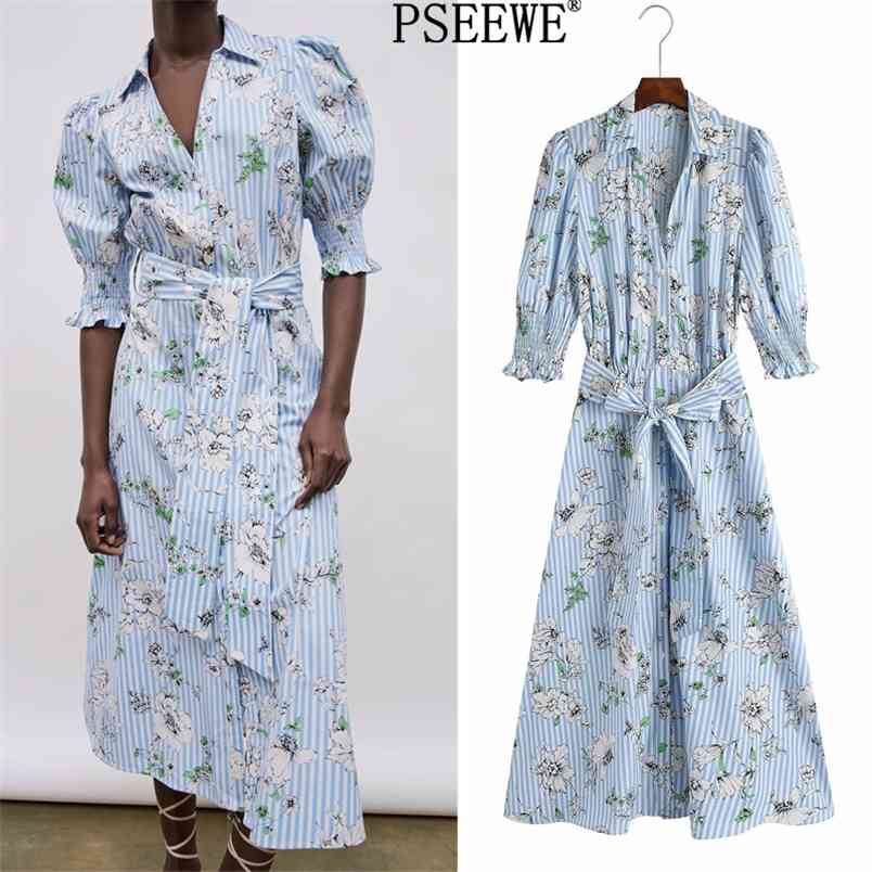 

Dress Blue Floral Print Long Shirt Women Summer Cottagecore Short Puff Sleeve Woman es Casual es 210519