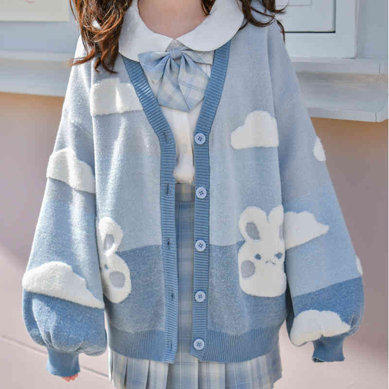 

women's leather & faux beautiful autumn rabbit and female kintted cloud soft casual cardigan girls kawaii anime printed lantern long sl, Black