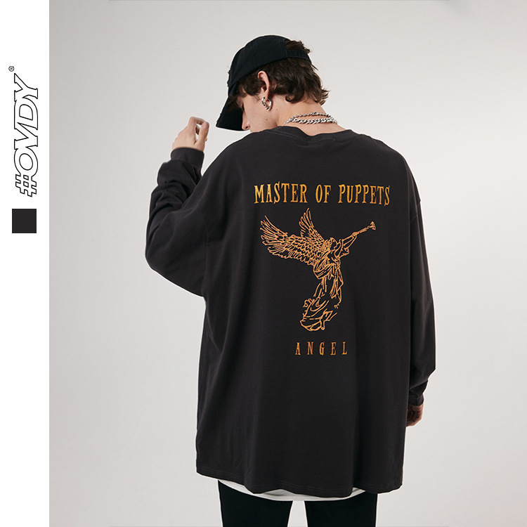 

wxwovdy 2021 fall new street fashion hip hop triumph horn print oversize long sve t-shirt men, Black