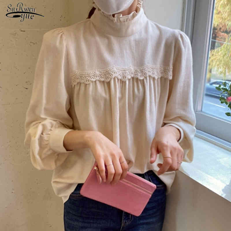 

Pleated Slim Cotton Bottoming Shirt Korean Chic Lace Stitching Lantern Sleeve Pullover Ruffle Half-turtleneck Blouse Women 12487 210521, Apricot