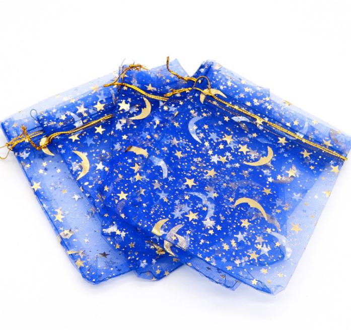 

2021 100pcs/lot Moon Star Organza Bags 7x9 9x12cm Small Christmas Drawstring Gift Bag Charm Jewelry Packaging Bags & Pouches