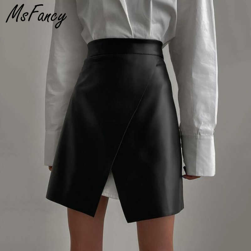 

Msfancy PU Leather Mini Skirt Women High Waist Asymmetrical Short Jupe Femme Korean Fashion Black Faldas 210604